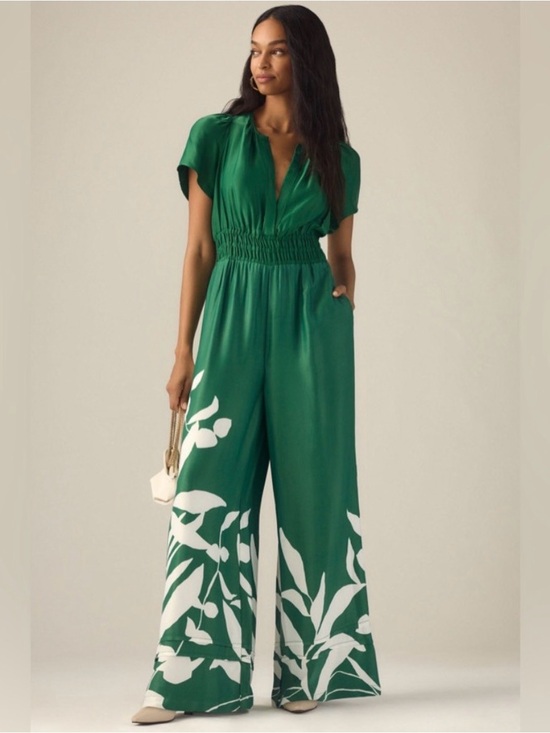 Anthropologie Pants - Anthropologie Somerset Green Wide-Leg Floral-Accent Jumpsuit